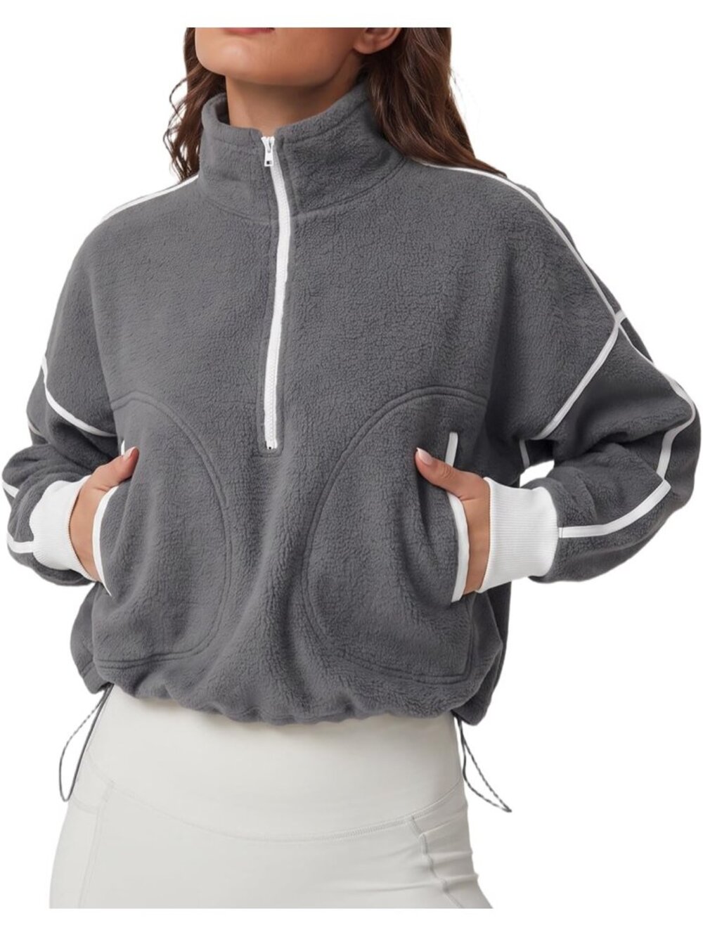 Women’s Dark Grey Long Sleeve Half ZIP Pullover Cropped Sweatshirt Fleece Jacket